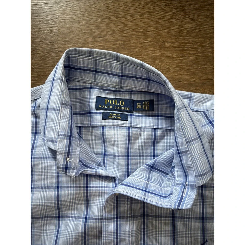 Polo Ralph Lauren Shirt Men 15.5 32/33 Blue Plaid Slim Fit Easy Care Long Sleeve